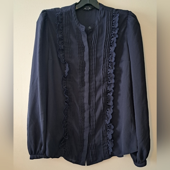 Express Tops - Navy Blue Express Button Up Blouse with Detailed Front